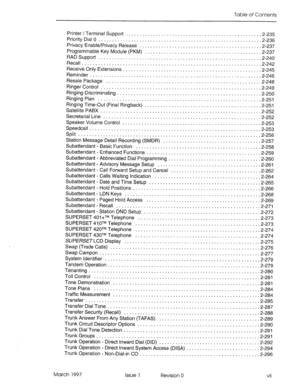 Page 37Table of Contents 
Printer/Terminal Support 
................................................. .2-235 
Priority Dial 0 
........................................................... .2-236 
Privacy Enable/Privacy Release 
............................................ .2-237 
Programmable Key Module (PKM) 
.......................................... .2-237 
RADSupport 
.......................................................... ..2-24 0...