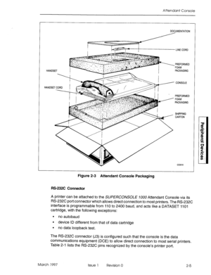 Page 379Attendant Console 
DOCUMENTATION 
- SHIPPING 
Figure 2-3 Attendant Console Packaging 
FS232C Connector 
A printer can be attached to the SUPERCONSOLE 7000 Attendant Console via its 
RS-232C port connector which allows direct connection to most printers. The RS232C 
interface is programmable from 110 to 2400 baud, and acts like a DATASET 1101 
cartridge, with the following exceptions: 
l no autobaud 
l device ID different from that of data cartridge 
l no data loopback test. 
The RS232C connector (J3) is...