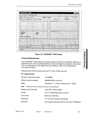 Page 383Attendant Console 
Figure 2-6 SUPERSET 7000 Display 
Functional Requirements 
The SUPERSET 7CUCI attendant console interfaces with the SX-200 ML PABX via a 
8 
digital line card, which provides telephone trunk and telephone extension information 
to it. For information on the digital line card interface, refer to the Engineerhg 
! 2. 
hforfnat~on Practice. VP 
Requirements for the console and the PC TALK TO BX card are: 
PC Requirements 
Acoustic noise (fan noise): 