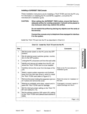 Page 385Attendant Console 
Installing a SUPERSET 7000 Console 
These installation instructions are for installing a TALK TO BX card into the PC only. 
For information on installing the PC (not MITEL supplied ), consult the PC 
manufacturer’s installation guide. 
CAUTION: When setting the SUPERSET 7000 in place, ensure that there is 
adequate airflow for cooling purposes. It should not be placed in 
any enclosure which may restrict this airflow. 
Do not restrict the airflow by placing any objects over the vents...