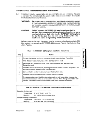 Page 411SUPERSET 420 Telephone 
SUPERSET Telephone Installation Instructions 
6.4 installation includes unpacking the set, assembling the set and connecting the set to 
a wall jack. The connections to the system via the cross connect field are described in 
the /~-~sta//aUo~~ hforrnation Practice. 
WARNING: ANY CONNECTION OF THIS SET TO AN OFF PREMISE APPLICATION, AN OUT 
OF PLANT APPLICATION, OR TO ANY OTHER EXPOSED PLANT APPLICATION 
MAY RESULT IN A SAFETY HAZARD, AND/OR DEFECTIVE OPERATION, AND/OR 
EQUIPMENT...