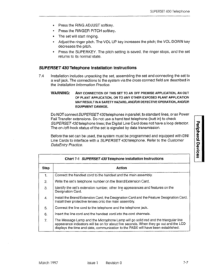 Page 421SUPERSET 430 Telephone 
. Press the RING ADJUST softkey. 
. Press the RINGER PITCH softkey. 
l The set will start ringing. 
l Adjust the ringer pitch. The VOL UP key increases the pitch; the VOL DOWN key 
decreases the pitch. 
l Press the SUPERKEY. The pitch setting is saved, the ringer stops, and the set 
returns to its normal state. 
SUPERSE~ 430 Telephone Installation Instructions 
7.4 Installation includes unpacking the set, assembling the set and connecting the set to 
a wall jack. The connections...
