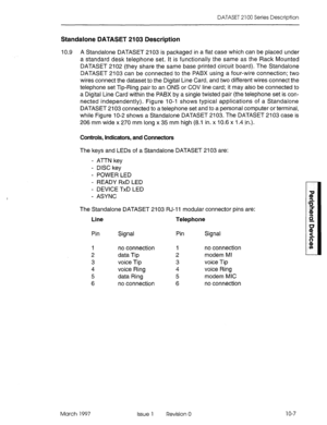 Page 445DATASET 2 100 Series Description 
Standalone DATASET 2103 Description 
10.9 A Standalone DATASET 2103 is packaged in a fiat case which can be placed under 
a standard desk telephone set. It is functionally the same as the Rack Mounted 
DATASET 2102 (they share the same base printed circuit board). The Standalone 
DATASET 2103 can be connected to the PABX using a four-wire connection; two 
wires connect the dataset to the Digital Line Card, and two different wires connect the 
telephone set Tip-Ring pair...