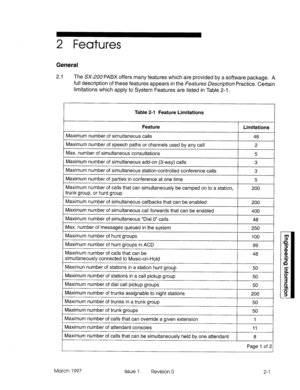 Page 4712 Features 
General 
2.1 The SX-200 PABX offers many features which are provided by a software package. A 
full description of these features appears in the Features Description Practice. Certain 
limitations which apply to System Features are listed in Table 2-l. 
Table 2-l Feature Limitations 
I Feature Limitations 
Maximum number of simultaneous calls 
48 
Maximum number of speech paths or channels used by any call 
2 
Max. number of simultaneous consultations 
5 
Maximum number of simultaneous add-on...