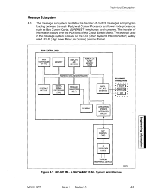 Page 477Technical Description 
Message Subsystem 
4.6 The message subsystem facilitates the transfer of control messages and program 
loading between the main Peripheral Control Processor and lower node processors 
such as Bay Control Cards, SUPERSET telephones, and consoles. This transfer of 
information occurs over the PCM links of the Circuit Switch Matrix. The protocol used 
in the message system is based on the OSI (Open Systems Interconnection) widely 
used HDLC (High Level Data Link Control) protocol...