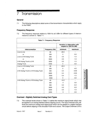 Page 5057 Transmission 
General 
7.1 
The following descriptions detail some of the transmission characteristics which apply 
to the PABX. 
Frequency Response 
7.2 The frequency response relative to 1004 Hz at 0 dBm for different types of intercon- 
nections is shown in Table 7-l. 
Table 7-l Frequency Response 
Variation in Attenuation with 
respect to 1004 Hz (dB) 
Interconnection Frequency (Hz) minimum maximum 
Line to Line 
60 -20.0 -- 
or 200 0 
-5.0 
Line to 2-W Analog Trunk 
300 0.5 -1 .o 
or 
3000 0.5 -1...