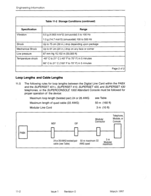 Page 538Engineering Information 
Table 11-2 Storage Conditions (continued) 
Specification 
Vibration 
Range 
0.5 g (4.903 m/sA2) (sinusoidal) 5 to 100 Hz 
1.5 g (14.7 mN2) (sinusoidal) 100 to 500 Hz 
Shock 
1 Up to 75 cm (30 in.) drop depending upon package 
Mechanical Shock 1 Up to 61 cm (24 in.) drop on any face or corner 
Low pressure 
Temperature shock 
87 mm Hg 15,152 m (50,000 ft) 
-40’ C to 21” C (-40° F to 70” F) in 5 minutes 
66’ C to 21’ C (150’ F to 70” F) in 5 minutes 
Page 2 of 2 
Loop Lengths and...