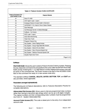 Page 116Customer Data Entry 
Table 4-l Feature Access Codes (continued) 
Feature Numbers For 
L/GWM’ARE 16 ML Feature Names 
37 Direct To ARS 
38 UCD Agent Login I Logout 
39 Analogue Network Accept Caller’s Extension 
40 SUPERSET 4 Tel. Maid in Room Status Display 
41 Send Message 
42 Call Message Sender of Oldest Message 
43 Callback - No Answer 
44 ACD Login I Logout 
45 
ACD Silent Monitorina 
46 Flash Over Trunk 
47 Program Feature Key 
48 Key System - Direct Paging Access 
r 49 Key System - Group Page...