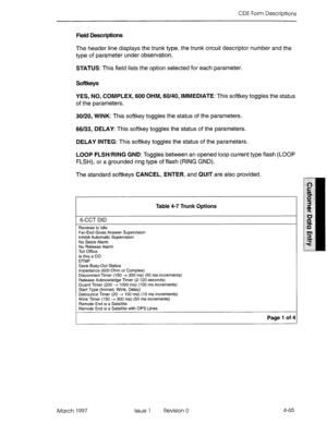 Page 175CDE Form Descriptions 
Field Descriptions 
The header line displays the trunk type, the trunk circuit descriptor number and the 
type of parameter under observation. 
STATUS: This field lists the option selected for each parameter. 
Softkeys 
YES, NO, COMPLEX, 600 OHM, 60/40, IMMEDIATE: This softkey toggles the status 
of the parameters. 
30/20, WINK: This softkey toggles the status of the parameters. 
66/33, DELAY: This softkey toggles the status of the parameters. 
DELAY INTEG: This softkey toggles the...