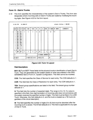 Page 184Customer Data Entty 
Form 15 - Dial-In Trunks 
4.19 This form specifies the characteristics of the system’s Dial-In Trunks. This form also 
designates where incoming calls on Dial-In Trunks are routed by modifying the incom- 
ing digits. See Figure 4-23 for the form layout. 
8:56 PM g-JON-97 alarm status = MfiJOR 
BfW SLT CCT COS COR TEN N M X CDN TK NIJM TK NfiME 
COMMENTS 
> 106011 1 140 1 
12 Tl < 
1 06 02 
1 06 03 
1 06 04 
1 06 05 
1 06 06 
1 06 07 
1 06 08 
1 06 09 
1 06 10 
1 06 11 
1 06 12...