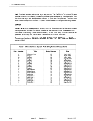 Page 194Customer Data Entry 
EXT 
This field applies only to the night bell entries. The EXTENSION NUMBER field 
lists the extension numbers (a maximum of five digits) assigned to the night bells. This 
field links the night bell designations to Form 19 (Call Rerouting Table). This field also 
links the incoming trunks of Form 14 (Non-Dial-In Trunks) to the night bell designations. 
Softkeys 
ENTRY NUM: 
This softkey selects an entry number. Pressing the ENTRY NUM softkey 
displays the ENTER ENTRY NUM: prompt on...