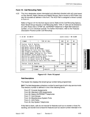 Page 195CDE Form Descriptions 
Form 19 - Call Rerouting Table 
4.23 This form designates where intercepted and attendant-directed calls will route based 
on Day Service, Night1 Service and Night2 Service. Dial-in trunks to ACD Paths may 
also be rerouted as defined in this form. The ACD Path is assigned a tenant number 
in Form 41. 
Refer to Figure 4-31 for the form layout and to Table 4-9 for Call Rerouting Options. 
Each Tenant Group requires a Call Rerouting Table. “DIAL 0” calls can be directed to 
an LDN,...