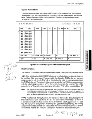 Page 247CDE Form Descriptions 
Expand PKM Subform 
This form appears when you press the EXPAND PKM softkey in the Key System 
Telephones form. You use this form to program PKM line appearances and feature 
keys. Refer to Figure 4-69 for the form layout. This form is not available to the 
SUPERSET 401+ telephone. 
3:16 PM 16-JRN-97 alarm status = NO RLRRM 
KE’f 1 TYPE 
I DIR 1 RING 1 SEC 1 USS IEXT NUM~TRK Reel LRBEL 
1 
Bl Speed Dial 
1 62 Speed Dial 
1 63 Speed Dial 
1 64 Speed Dial 
1 65 Speed Dial 
1 66 Speed...