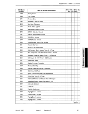 Page 279Appendix B - Blank CDE Forms 
COS Option 
Numbers Class Of Service Option Name Enter COS ## (01 to 50) 
and COS Name 
239 Priority Dial 0 
240 Line Privacy 
241 Receive Only 
242 
Repeated Camp-On Beep 
243 Non-Busy Extension 
244 Room Status Applies 
245 Abbreviated Dialing Access 
246 SMDR - Extended Record 
247 
SMDR - Record Meter Pulses 
I 24% TAFAS Any Access I I I I I I 
255 Repeated Camp-On Beeps Timer 5 - 15 Seconds 
256 UCD Music On Hold Timer 0 - 50 Minutes 
257 Flash Over Trunk 
258 Display...