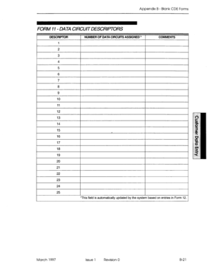 Page 293Appendix B - Blank CDE Forms 
FORM II - DATA CIRCUIT DESCRIPTORS 
DESCRIPTOR NUMBER OF DATA CIRCUITS ASSIGNED l COMMENTS 
1 
12 
13 
17 
18 
19 
20 
21 
22 
23 
24 
25 
*This field is automatically updated by the system based on entries in Form 12. 1 
March 1997 
Issue 1 Revision 0 B-21  