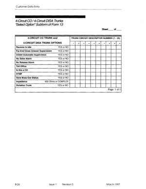 Page 298Customer Data Entry 
4Circuit CO/4-Circuit DISA Tanks 
‘Select Option” Subfotm of Form 13 
sheet of 
4-CIRCUIT CO TRUNK and 
TRUNK CIRCUIT DESCRIPTOR NUMBER (1 - 25) 
4-CIRCUITDISATRUNKOPTIONS 
Page 
1 of 11 
B-26 Issue 1 
Revision 0 March 1997  