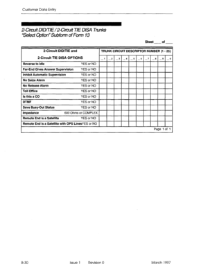 Page 302Customer Data Entry 
2-Circuit DID/TIE and 
I 
TRUNK CIRCUIT DESCRIPTOR NUMBER (1 - 25) 
2-Circuit TIE DISA OPTIONS 
2-Circuit DlD/TlE/2-Citwit TIE DISA Tanks 
5elect Option” Subfotm of Form 13 
Sheet of 
7 
Page 1 of I 
B-30 Issue 1 Revision 0 March 1997  