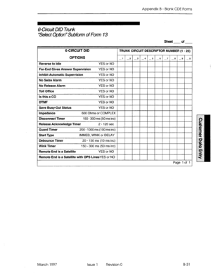 Page 303Appendix B - Blank CDE Forms 
6Circuit DID Tank 
‘Select Option” Subfotm of Form 13 
sheet of 
March 1997 Issue 1 Revision 0 B-3 1  