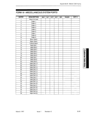 Page 311Appendix B - Blank CDE Forms 
FORM 18 - MISCELLANEOUS SYSTEM PORTS 
March 1997 Issue 1 Revision 0 B-39  