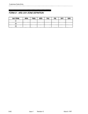 Page 314Customer Data Entry 
FORM21 -ARS: DAYZONEDEFINITION 
DAY ZONE MON. TUES. WED. THU. FRI. SAT SUN. 
01 
02 
03 
B-42 Issue 1 Revision 0 March 1997  