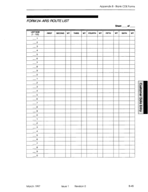 Page 317Appendix B - Blank CDE Forms 
FORM24- ARS: ROUTE LIST 
Sheet of 
-7 
-8 
-9 
-0 
March 1997 Issue 1 Revision 0 B-45  