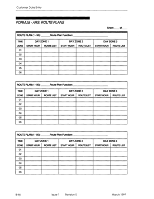 Page 318Customer Data Entry 
FORM25 - ARS: ROUTE PLANS 
sheet-of- 
ROUTE PIAN (1 - 50): Route Plan Function: 
TIME DAY ZONE 1 DAY ZONE 2 DAY ZONE 3 
ZONE START HOUR ROUTE LIST START HOUR ROUIE LIST START HOUR ROUTE LIST 
01 
02 
03 
04 
05 
06 
I ROUTE PLAN (I- 50): Route Plan Function: 
DAY ZONE 1 DAY ZONE 2 DAY ZONE 3 
ROUTE PLAN (1 - 50): Route Plan Function: 
B-46 Issue 1 Revision 0 March 1997  