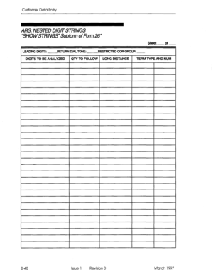 Page 320Customer Data Entry 
ARS: NESTED DIGIT STRINGS 
“SHOW STRING9 Subfotm of Fom 26* 
Sheet of 
LEADING DIGITS: RETURN DIAL TONE: RESTRICTED COR GROUP: - 
DIGITS TO BE ANALYZED QTY TO FOLLOW LONG DISTANCE TERM TYPE AND NUM 
B-48 Issue 1 Revision 0 March 1997  