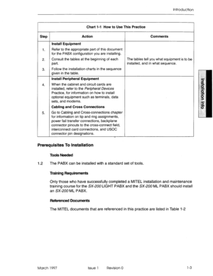 Page 33Introduction 
Chart l-l How to Use This Practice 
Step Action Comments 
install Equipment 
1. Refer to the appropriate part of this document 
for the PABX configuration you are installing. 
2. Consult the tables at the beginning of each The tables tell you what equipment is to be 
part. installed, and in what sequence. 
3. Follow the installation charts in the sequence 
given in the table. 
install Peripheral Equipment 
4. When the cabinet and circuit cards are 
installed, refer to the feri@era/ Devices...