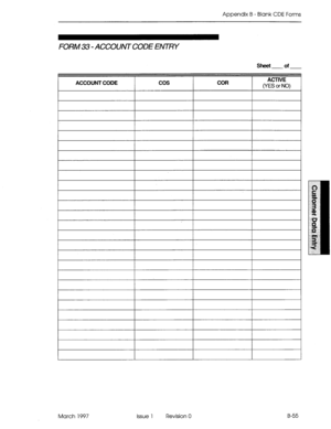 Page 327Appendix B - Blank CDE Forms 
sheet of 
ACCOUNT CODE cos COR ACTIVE 
(YES or NO) 
March 1997 issue 1 Revision 0 B-55  