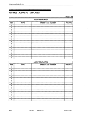 Page 332Customer Data Entry 
FORM 38 - ACD KEYS TEMPLATES 
AGENT TEMPLATE 1 
I AGENT TEMPLATE 2 
I 
B-60 Issue 1 Revision 0 March 1997  