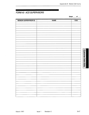 Page 339Appendix B - Blank CDE Forms 
, FORM 40 - ACD SUPERVISORS 
Sheet of 
SENIOR SUPERVISOR ID 1 NAME 
cos 
I I 
March 1997 Issue 1 Revision 0 B-67  