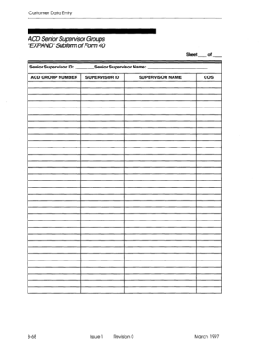 Page 340Customer Data Entty 
ACD Senior Super&or Groups 
“EXPANW Subfom of Form 40 
Sheet of 
I Senior Supervisor ID: Senior Supervisor Name: 
B-68 Issue 1 Revision 0 March 1997  