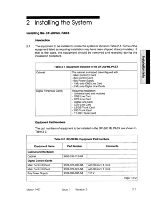 Page 352 Installing the System 
Installing the SX-200 ML PABX 
Introduction 
2.1 The equipment to be installed to create the system is shown in Table 2-l. Some of the 
equipment listed as requiring installation may have been shipped already installed. If 
that is the case, the equipment should be removed and reseated during the 
installation procedure. 
Table 2-l Equipment Installed in the SX-200 ML PABX 
Cabinet The cabinet is shipped preconfigured with 
- Main Control II Card 
- Bay Control Card 
- Bay Power...