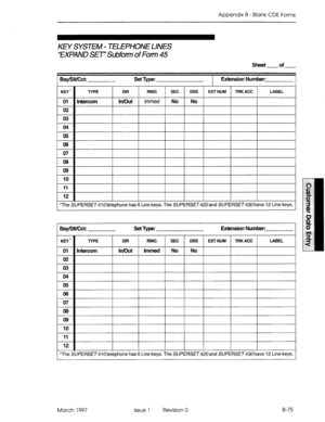 Page 347Appendix B - Blank CDE Forms 
KEY SYSTEM - TELEPHONE LINES 
“EXPAND SE7 Subfotm of Fotm 45 
1 Bay/SW% Set Typ: Extension Number: 
KEY l 
01 
02 
03 
04 
OS 
06 
07 
08 
09 
10 
11 
12 
1 *The SUPERSET4lOtelephone has 6 Line keys. The SUPERSET42Oand SUPERSET have 12 Line keys. 
Extension Number: 
*The SUPERSET47Otelephone has 6 Line keys. The SUPERSET42Oand SUPERSET have 12 Line keys. 
March 1997 Issue 1 Revision 0 B-75  