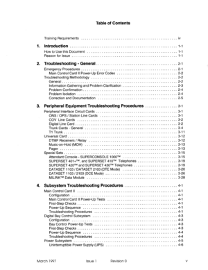 Page 355Table of Contents 
Training Requirements . . . . . . . . . . . . . . . . . . . . . . . . . . . . . . . . . . . . . . . . . . . . . . . . iv 
I. Introduction . . . . . . . . . . . . . . . . . . . . . . . . . . . . . . . . . . . . . . . . . . . . . . . . . . . . . . . . . i-i 
How to Use this Document ............................. 
Reasonforlssue ..................................... .................. l-l 
.................. l-l 
2. Troubleshooting - General . . . . . . . . . . . . . . . . . . . . . . . ....