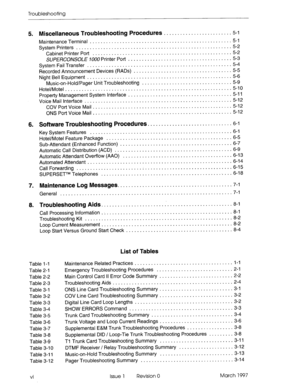 Page 356Troubleshooting 
5. Miscellaneous Troubleshooting Procedures ......................... 5-1 
MaintenanceTerminal .................................................... 5-l 
System Printers ......................................................... 
5-2 
Cabinet Printer Port ................................................... 5-2 
SUPERCONSOLE 1000 Printer Port ...................................... 
5-3 
System Fail Transfer ..................................................... 
5-4 
Recorded Announcement...