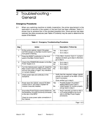 Page 3612 Troubleshooting - 
General 
Emergency Procedures 
2.1 When any switching machine is totally inoperative, the prime requirement is the 
restoration of service to the system or the part that has been affected. Table 2-i 
shows how to achieve this in the shortest possible time. Once service has been 
restored, the other procedures (see Table of Contents) may be used to determine the 
cause of the failure. 
Step 
1. 
2. 
3. 
4. 
5 
6. 
7. Table 2-l Emergency Troubleshooting Procedures 
Action 
At the...