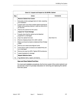 Page 39Installing the System 
Chart 2-2 Unpack and Inspect an SX-200 ML Cabinet 
Step Action Comments 
Remove Cabinet from Carton 
1. Set aside all other packaged items for later unpacking 
and installation. 
2. Unpack carton and check contents against packing list. 
Retain some packing material in case any items are to 
be returned. 
3. Remove the cabinet from the carton. 
inspect for Transit Damage 
4. Visually check that the cabinet and all atiached 
equipment is undamaged. 
5. Open the cabinet front door....