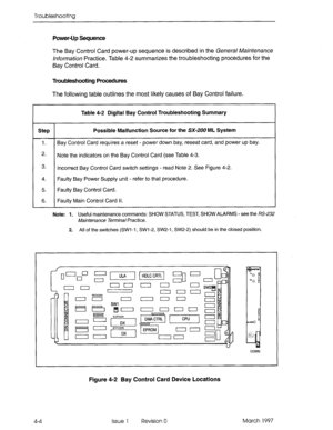 Page 400Troubleshooting 
Power-Up Sequence 
The Bay Control Card power-up sequence is described in the Genera/ MaMenaxe 
hformtion Practice. Table 4-2 summarizes the troubleshooting procedures for the 
Bay Control Card. 
Troubleshooting Procedures 
The following table outlines the most likely causes of Bay Control failure. 
Table 4-2 Digital Bay Control Troubleshooting Summary 
Step Possible Malfunction Source for the SX-200 ML System 
1. Bay Control Card requires a reset - power down bay, reseat card, and power...