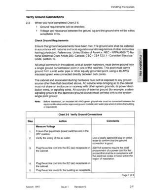 Page 43InskGng the System 
Verify Ground Connections 
2.3 When you have completed Chart 2-5: 
l Ground requirements will be checked. 
l Voltage and resistance between the ground lug and the ground wire will be within 
acceptable limits. 
Check Ground Requirements 
Ensure that ground requirements have been met. The ground wire shall be installed 
in accordance with national and local regulations and/or regulations of other authorities 
having jurisdiction. References: United States of America: NEC - NFPA/ANSl 70...