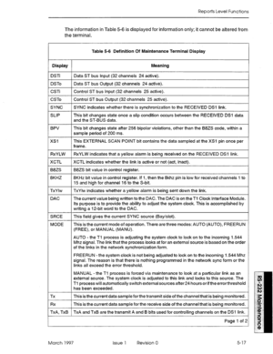 Page 511Reports Level Functions 
The information in Table 5-6 is displayed for information only; it cannot be altered from 
the terminal. 
Table 5-6 Definition Of Maintenance Terminal Display 
Display Meaning 
DSTi Data ST bus input (32 channels 24 active). 
DSTo Data ST bus Output (32 channels 24 active). 
CSTi Control ST bus Input (32 channels 25 active). 
CSTo Control ST bus Output (32 channels 2.5 active). 
SYNC SYNC indicates whether there is synchronization to the RECEIVED DSl link, 
SLIP This bit changes...