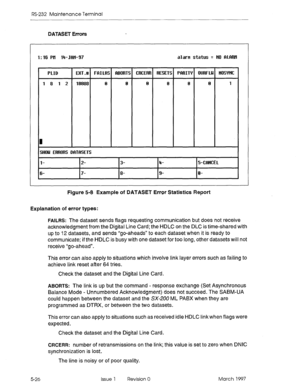 Page 520RS-232 Maintenance Terminal 
DATASET Errors 
1:16 PH 14-JfiH-97 alam status q tW MWl 
PLIR EXT.# FRILRS RENIRTS CRCERR RESETS PRRITY RURFLU tlWftiC 
1 8 1 2 13888 0 0 El 0 0 0 1 
I SHMI ERRURS DRTRSETS 
I 
l- 2- 3- 4- 5-CRtlCEl 
6- 7- 
8- 9- 0- 
Figure 5-8 Example of DATASET Errw Statistics Report 
Explanation of error types: 
FAIL%: The dataset sends flags requesting communication but does not receive 
acknowledgment from the Digital 
Line Card; the HDLC on the DLC is time-shared with 
up to 12...