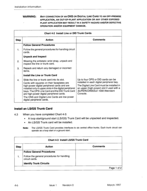 Page 54lns~alla~ion Information 
WARNING: 
ANY CONNECTION OF AN ONS OR DIGITAL LINE CARD TO AN OFF-PREMISE 
APPLICATION, AN OUT-OF-PLANT APPLICATION OR ANY OTHER EXPOSED 
PLANT APPLICATION MAY RESULT IN A SAFETY HAZARD AND/OR DEFECTIVE 
OPERATION AND/OR EQUIPMENT DAMAGE. 
Chart 4-2 Install Line or DID Trunk Cards 
Step Action Commenb 
Follow General Procedures 
1. Follow the general procedures for handling circuit 
cards. 
Unpack and Inspect 
2. Wearing the antistatic wrist strap, unpack and 
inspect the line...