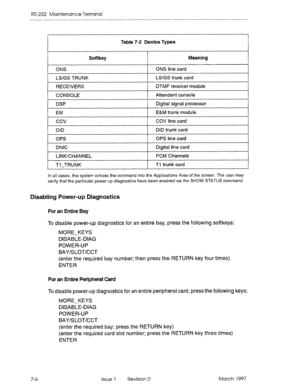 Page 538RS-232 Maintenance Terminal 
Table 7-2 Device Types 
Softkey 
Meaning 
ONS ONS line card 
LWGS TRUNK LS/GS trunk card 
RECEIVERS DTMF receiver module 
CONSOLE Attendant console 
DSP Digital signal processor 
1 EM 1 E&M trunk module 
I 
1 cov COV line card 
DID trunk card 
OPS line card 
DNIC Digital line card 
1 LINK/CHANNEL 1 PCM Channels 
Tl-TRUNK Ti trunk card 
In all cases, the system echoes the command 
into the Applications Area of the screen. The user may 
verify that the particular power-up...