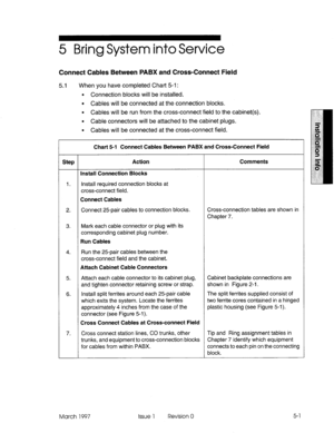 Page 595 Bring System into Service 
Connect Cables Between PABX and Cross-Connect Field 
5.1 When you have completed Chart 5-l : 
l Connection blocks will be installed. 
l Cables will be connected at the connection blocks. 
l Cables will be run from the cross-connect field to the cabinet(s). 
l Cable connectors will be attached to the cabinet plugs. 
l Cables will be connected at the cross-connect field. 
Chart 5-l Connect Cables Between PABX and Cross-Connect Field 
Step Action Comments 
Install Connection...