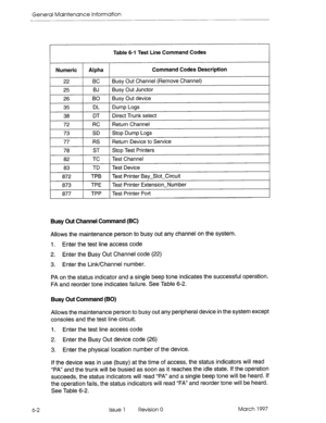 Page 584General Maintenance Information 
Table 6-l Test Line Command Codes 
Numeric Alpha Command Codes Description 
22 
BC Busy Out Channel (Remove Channel) 
25 
BJ Busv Out Junctor 
26 BO 
35 DL 
38 DT Busy Out device 
Dump Logs 
Direct Trunk select 
72 
FIG 
73 
SD 
77 FLS 
Return Channel 
Stop Dump Logs 
Return Device to Service 
t I I 7% ST 1 Stop Test Printers I I 
82 1 TC 1 Test Channel 
83 TD Test Device 
872 
TPB Test Printer Bay-Slot-Circuit I I 
873 1 TPE 1 Test Printer Extension-Number 
877 TPP Test...