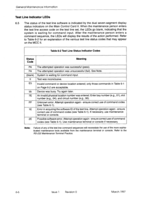 Page 588General Maintenance Information 
Test Line Indicator LEDs 
6.5 The status of the test line software is indicated by the dual seven-segment display 
status indicators on the Main Control Card Il. When the maintenance person enters 
the test line access code on the test line set, the LEDs go blank, indicating that the 
system is waiting for command input. After the maintenance person enters a 
command sequence, the LEDs will display the results of the action petformed. Refer 
to Table 6-2 for an...