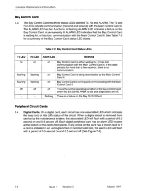 Page 594General Maintenance Information 
Bay Control Card 
7.3 The Bay Control Card has three status LEDs labelled TX, Rx and ALARM. The TX and 
Rx LEDs indicate communication (transmit and receive) with the Main Control Card Ii. 
The ALARM LED has two functions. A flashing ALARM LED indicates a failure on the 
Bay Control Card. A permanently lit ALARM LED indicates that the Bay Control Card 
is waiting for, or has lost, communication with the Main Control Card Il. See Table 7-2 
for a summary of the Bay Control...