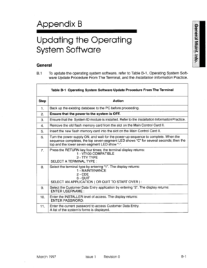 Page 601Appendix B 
Updating the Operating 
System Software 
General 
B.1 To update the operating system software, refer to Table B-i, Operating System Soft- 
ware Update Procedure From The Terminal, and the /M&I//~~o~ /~Vor~?~aHon Practice. 
S Table B-1 Operating System Software Update Procedure From The Terminal 
ltep Action 
1. Back up the existing database to the PC before proceeding. 
2. Ensure that the power to the system is OFF. 
3. Ensure that the System ID module is installed. Refer to the /ns&i//ef~o~~...