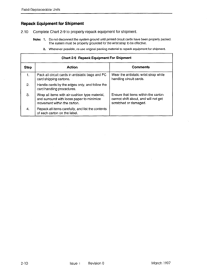 Page 626Field-Replaceable Units 
Repack Equipment for Shipment 
2.10 Complete Chart 2-9 to properly repack equipment for shipment. 
Note: 1. Do not disconnect the system ground until printed circuit cards have been properly packed. 
The system must be properly grounded for the wrist strap to be effective. 
2. Whenever possible, re-use original packing material to repack equipment for shipment. 
Chart 2-9 Repack Equipment For Shipment 
Step Action Comments 
1. Pack all circuit cards in antistatic bags and PC Wear...
